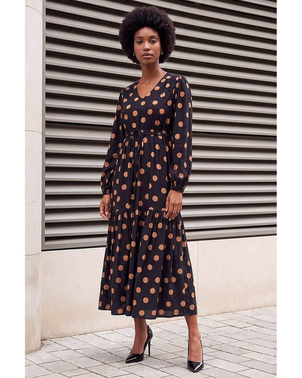 Roman Brown Polka Dot Stretch Midi Dress