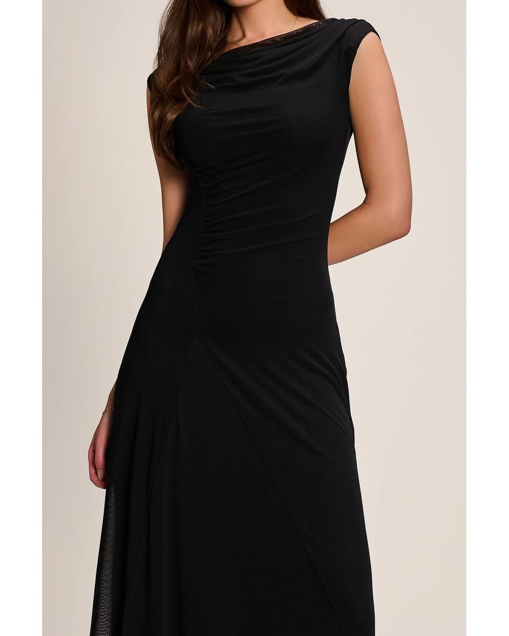 Jolie Moi Black Asymmetric Draped Mesh Maxi Dress