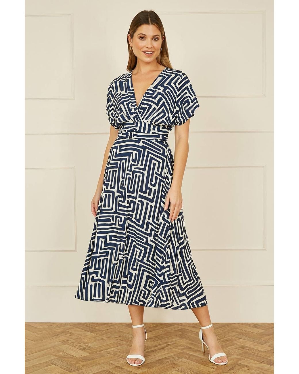 Yumi' Blue Geometric Print Ruched Waist Midi Dress W/ Kimono Sleeves