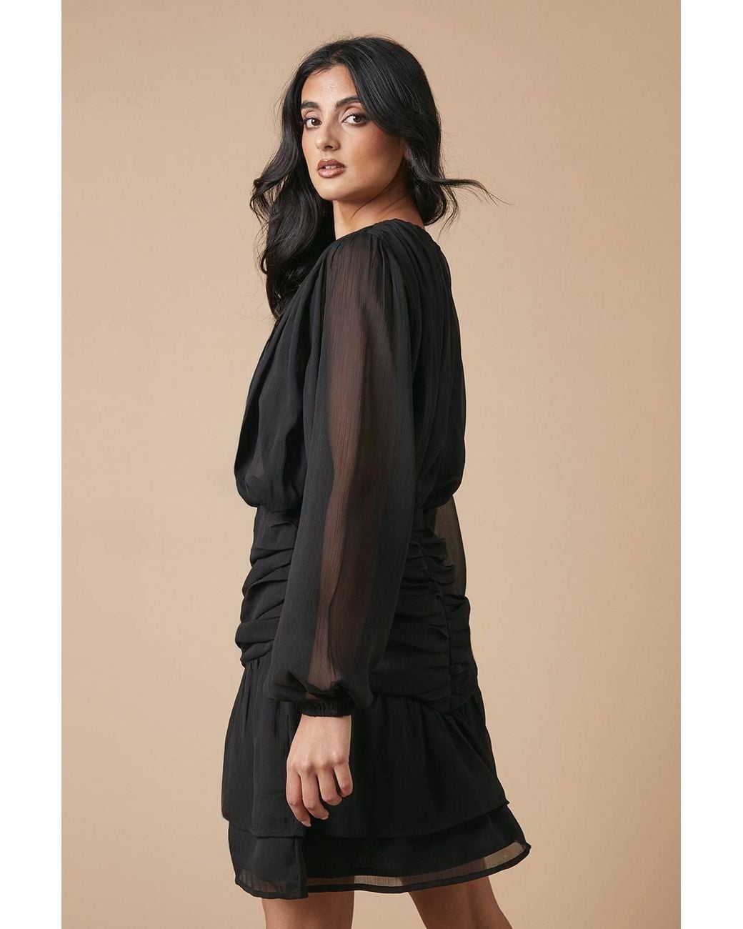 Oasis Black Chiffon Gathered Ruched Mini Dress