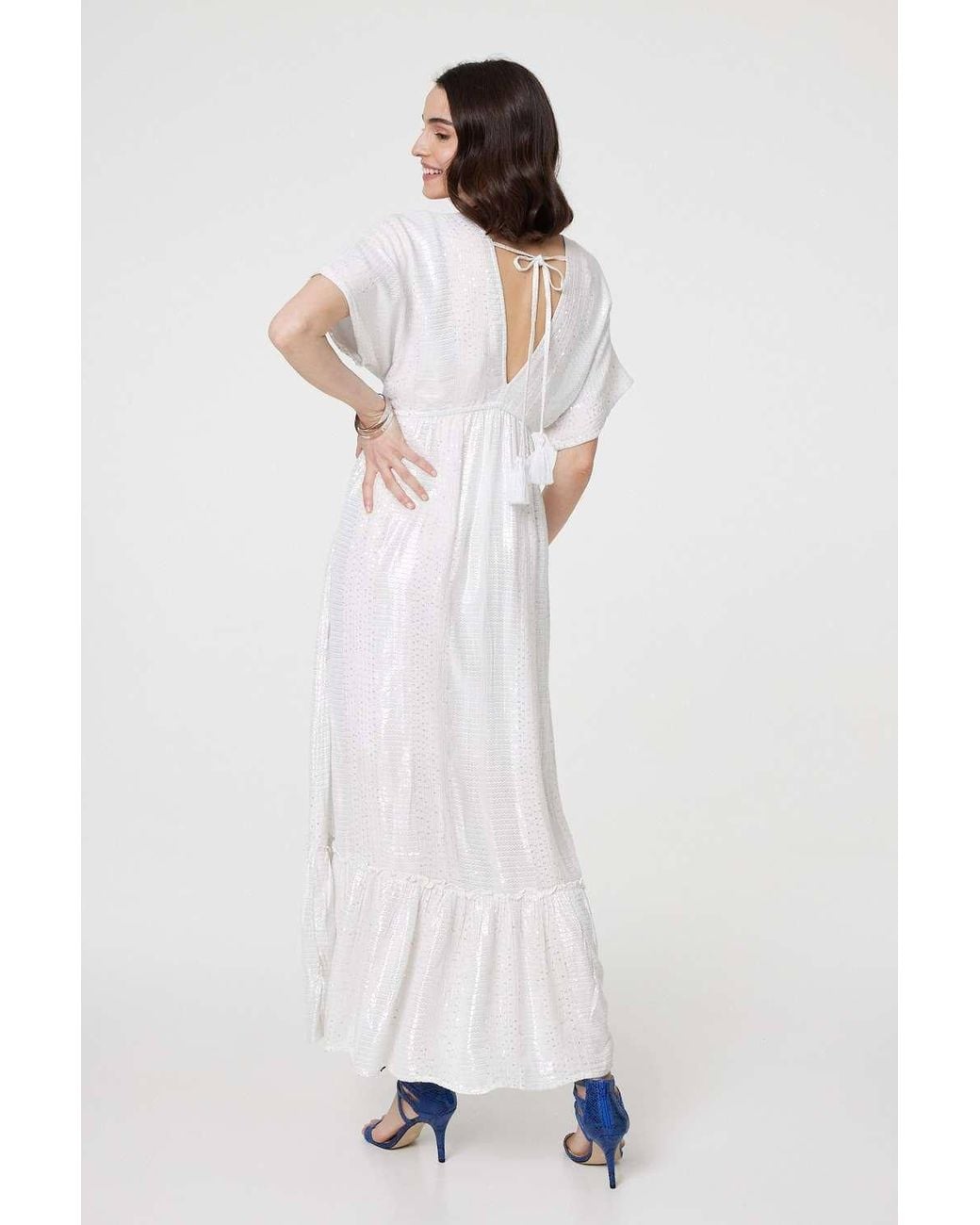 Izabel London White Dotty Empire Waist Kimono Maxi Dress
