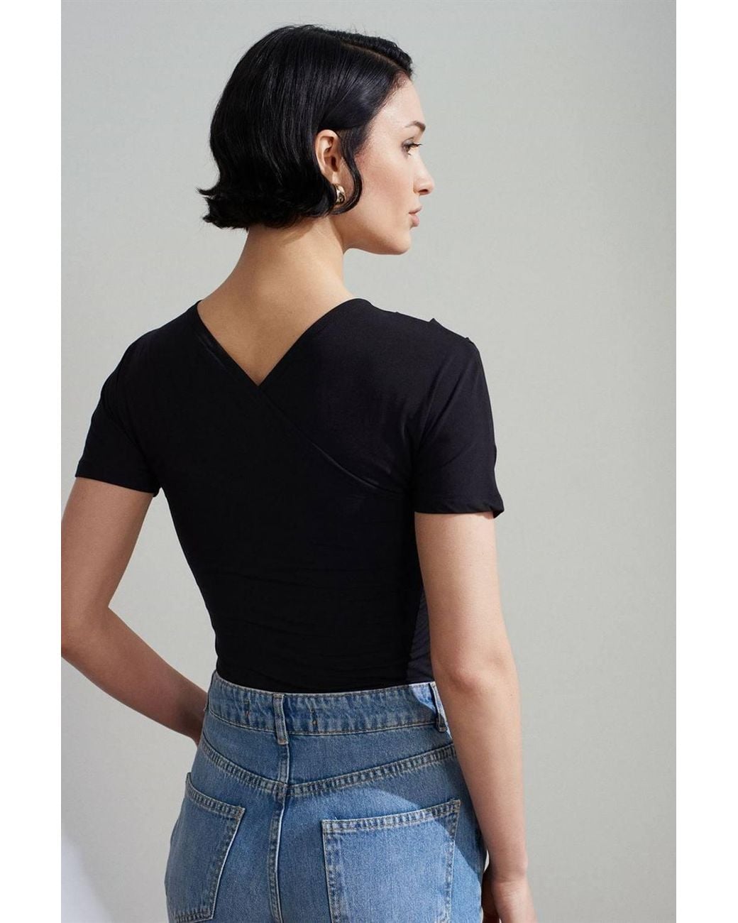 Dilvin Blue Slim Fit V-Neck Jersey Blouse