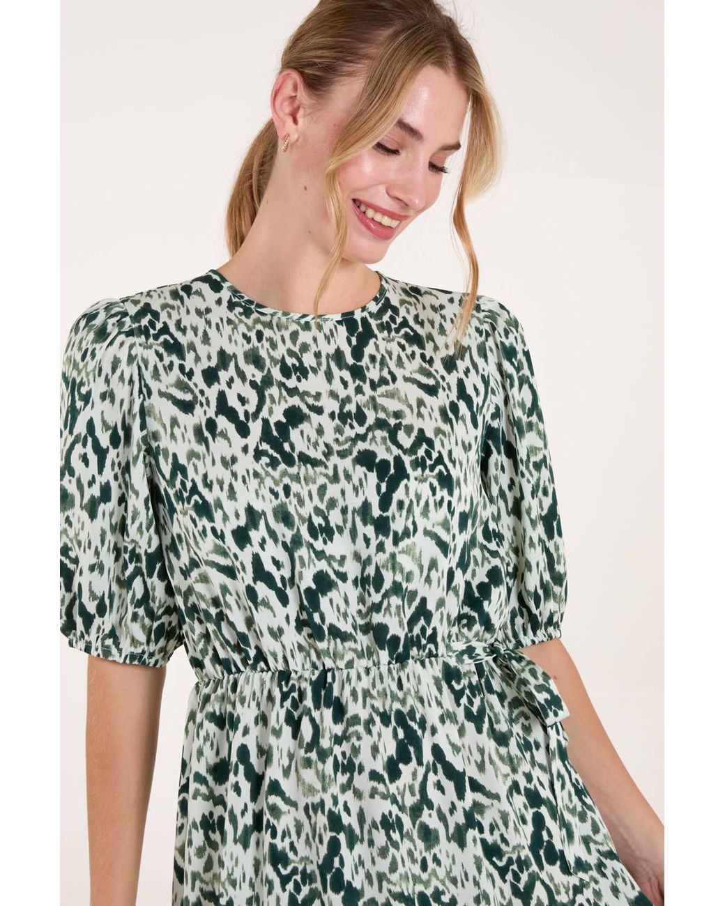 Blue Vanilla Green Abstract Elasticated Tie Waist Midi Dress