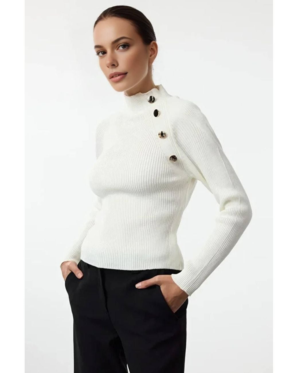 WOVCOR White Stand-Up Collar Slim Rib Knit Sweater W/ Button Detail