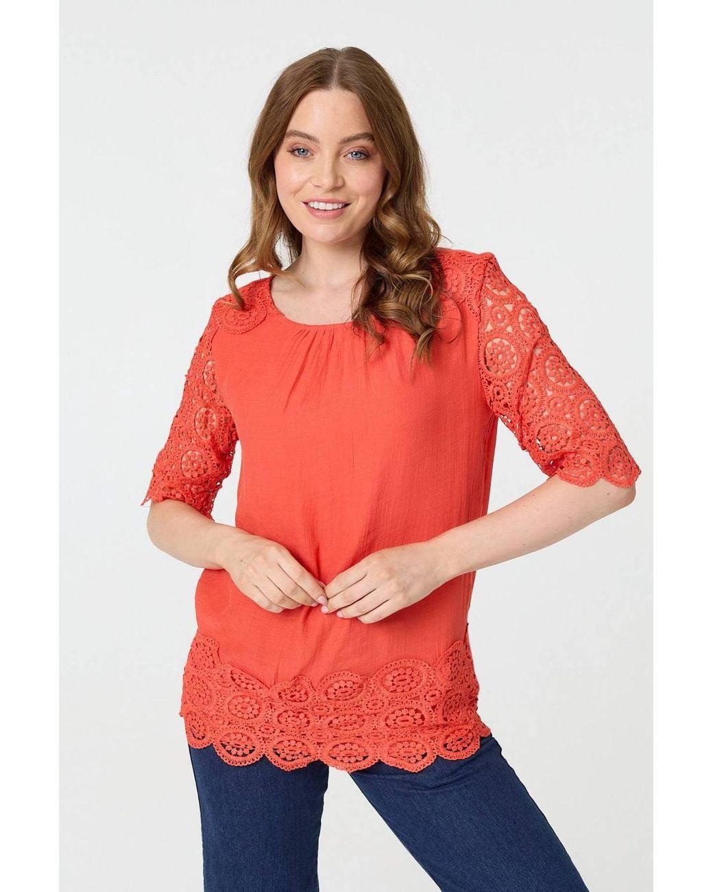 Izabel London Red Lace Trim Semi Sheer 1/2 Sleeve Blouse