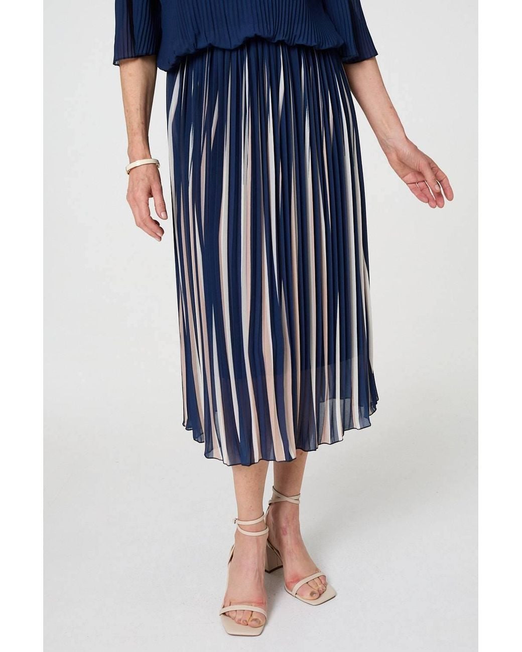 Izabel London Blue Striped Pleat 1/2 Sleeve Midi Dress