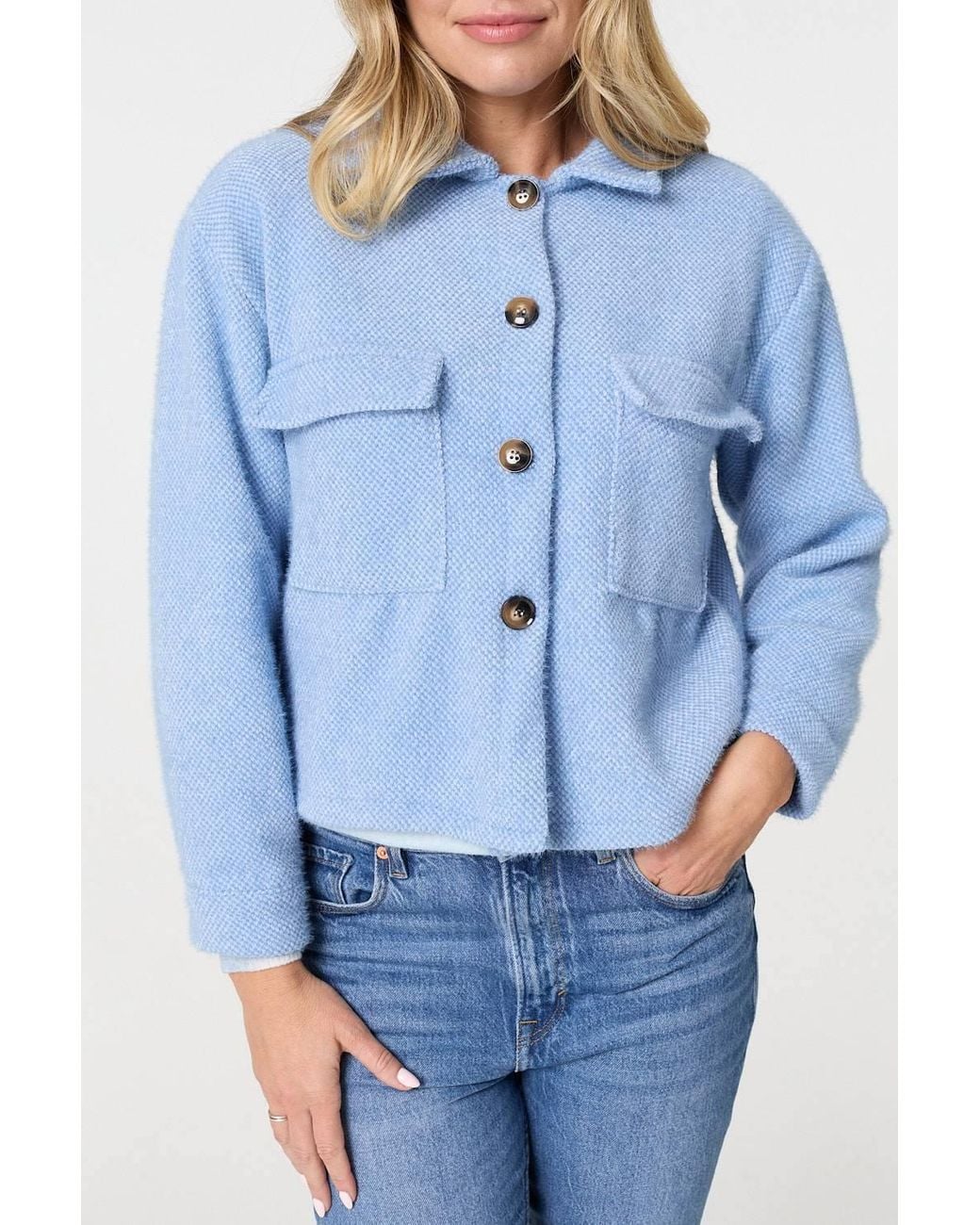 Izabel London Blue Flannel Cropped Pocket Front Shacket Jacket