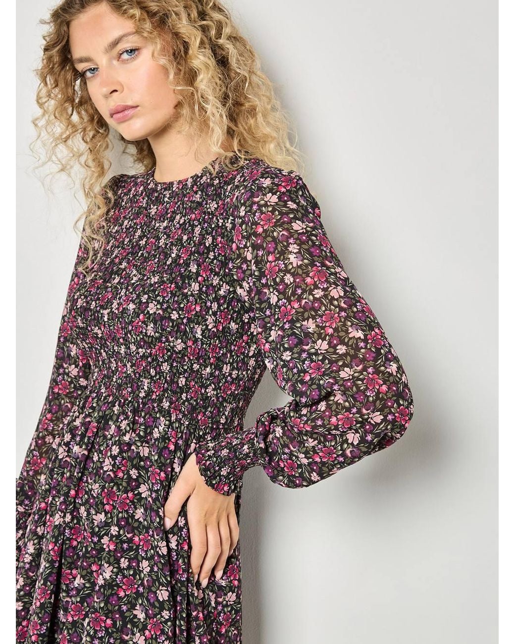 Apricot Purple Ditsy Floral Smocked Mini Dress