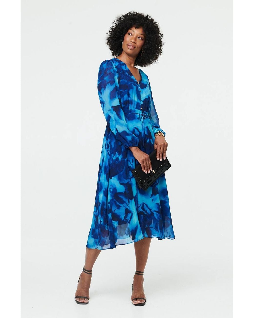 Izabel London Blue Printed Semi Sheer Layered Midi Dress