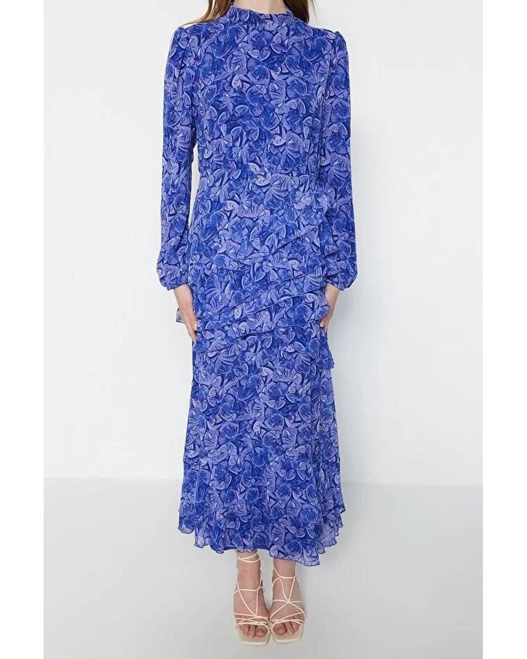 WOVCOR Blue Floral Ruffle Detail Long Sleeve Chiffon Maxi Dress