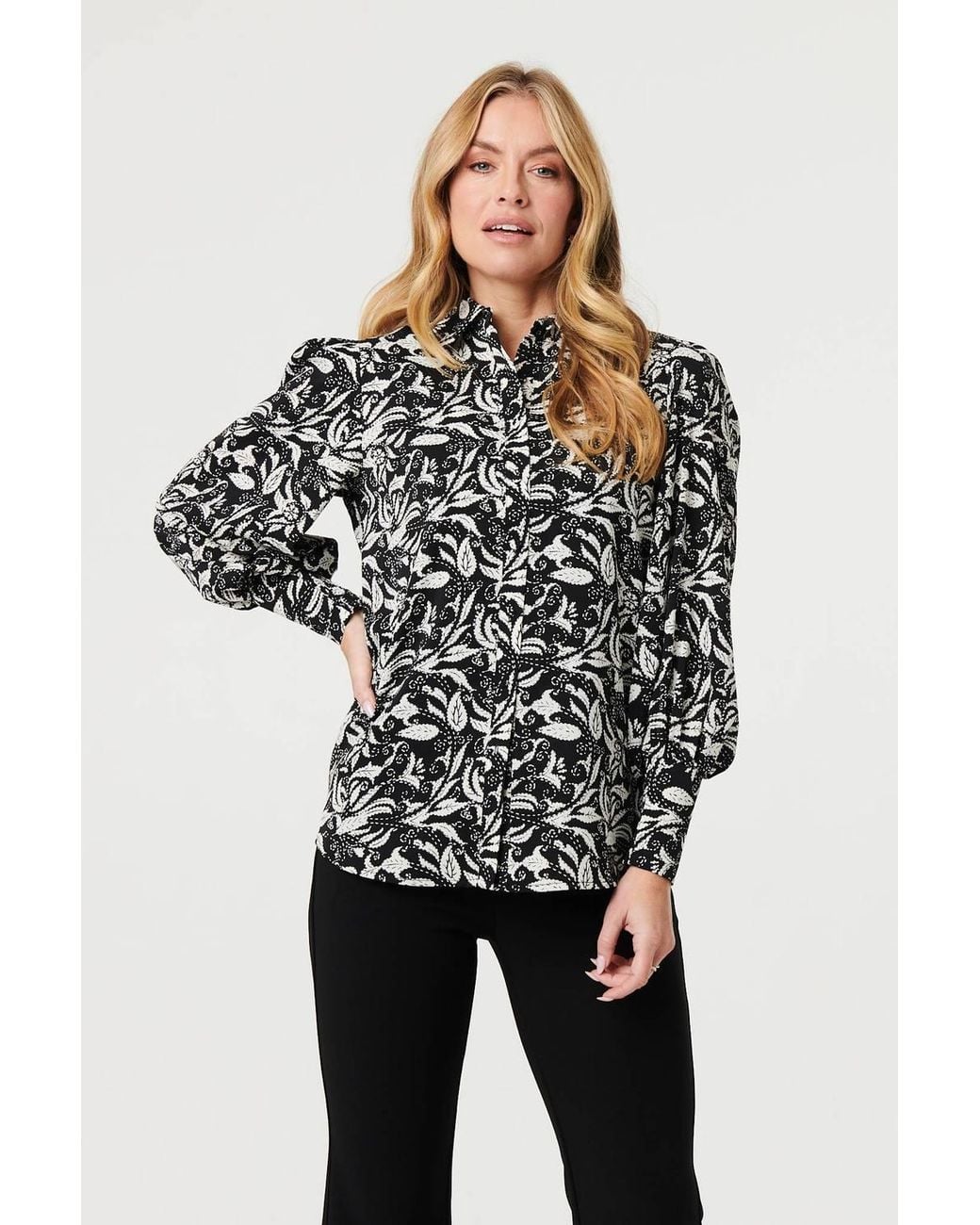 Izabel London Black Leaf Print Long Balloon Sleeve Shirt