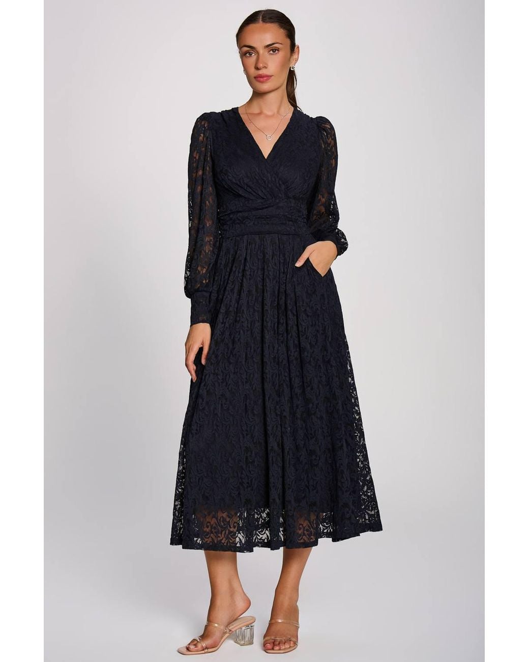 Jolie Moi Blue Long Sleeve Printed Lace Maxi Dress