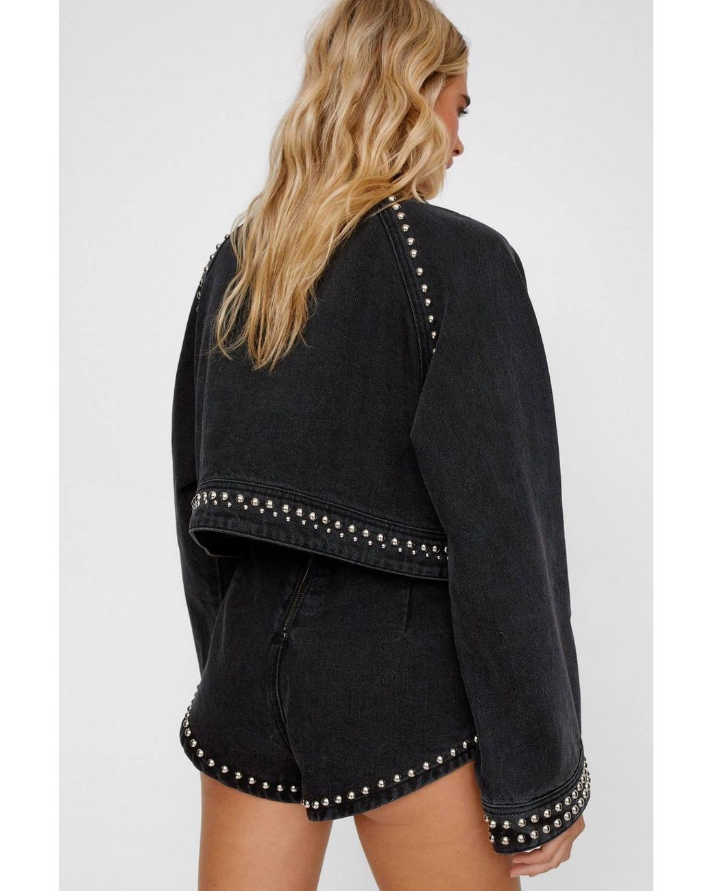 Nasty Gal Black Heart Studded Cropped Jean Jacket