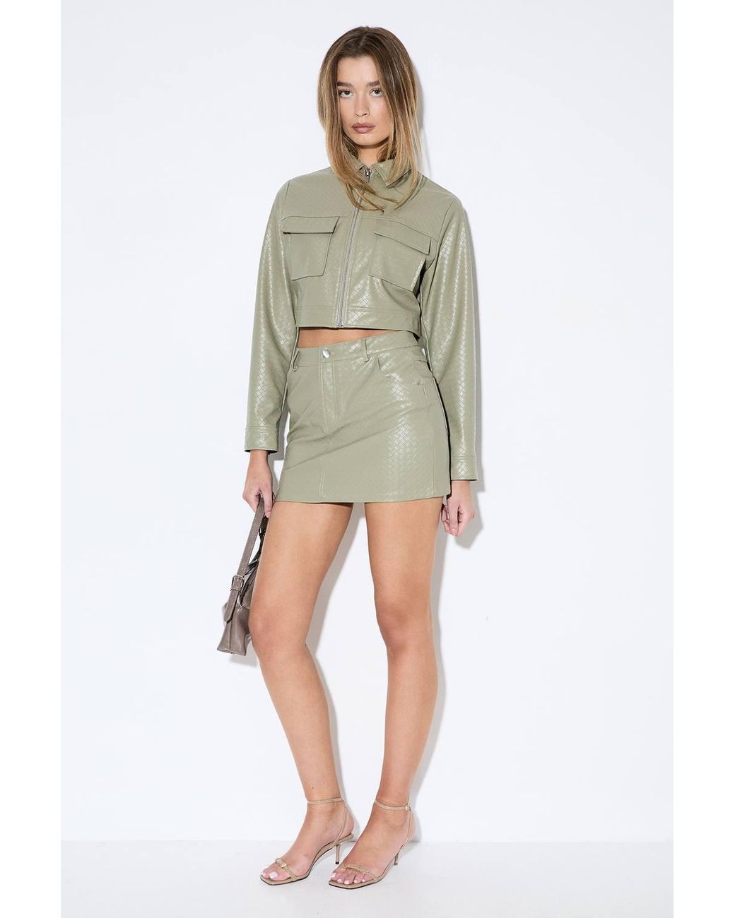 MissPap Green Woven Detail Faux Leather Jacket