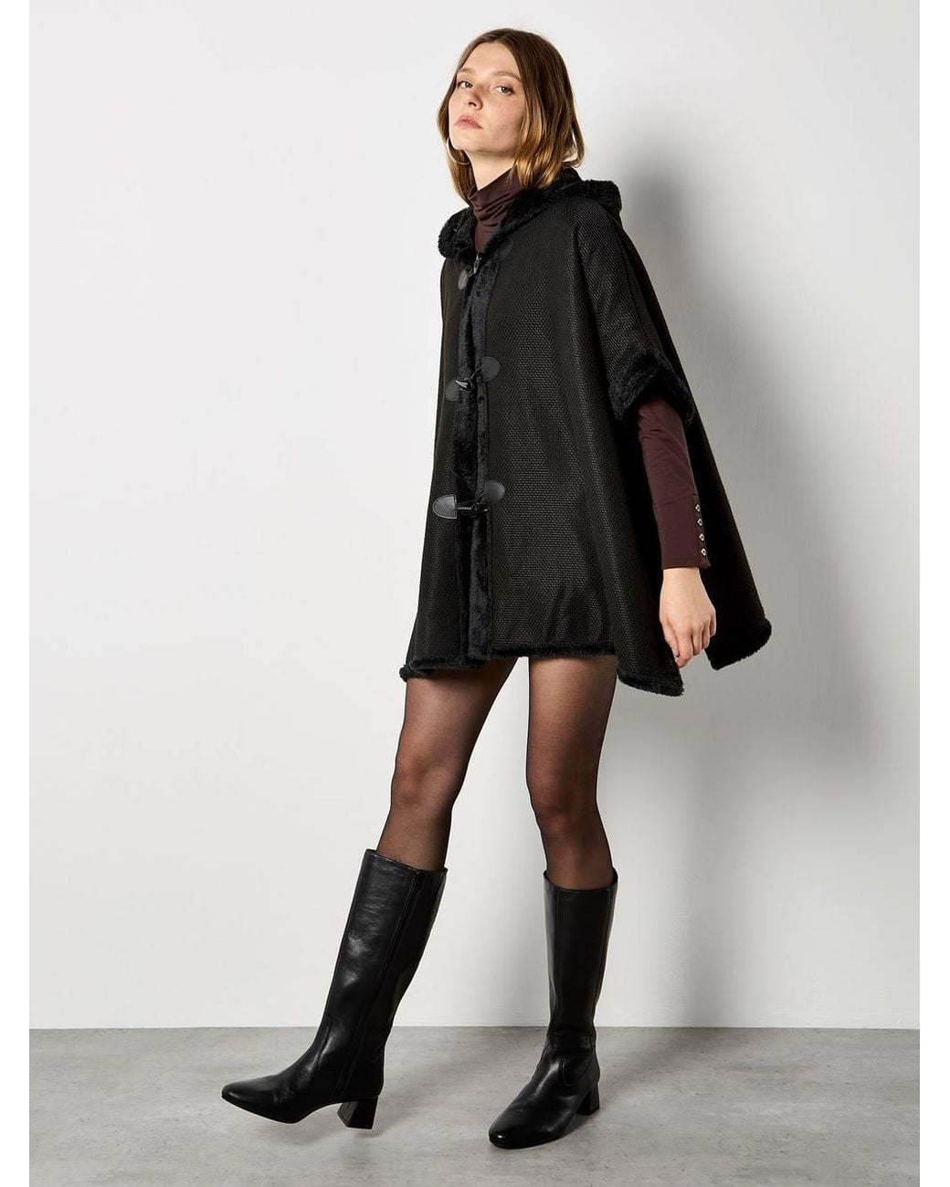 Apricot Black Faux Fur Trim Waffle Knit Cape