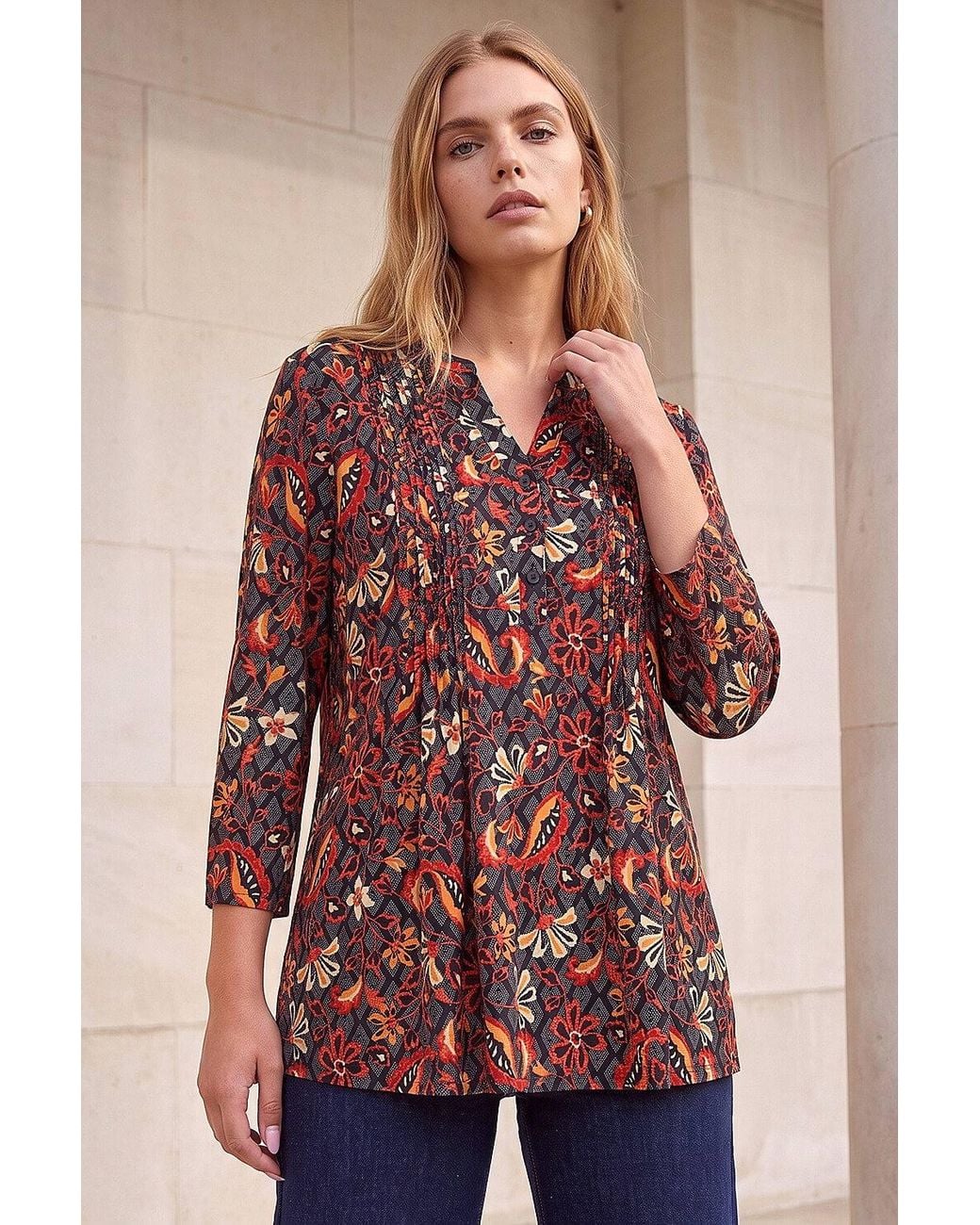 Roman Red Geo Floral Print Pintuck Shirt