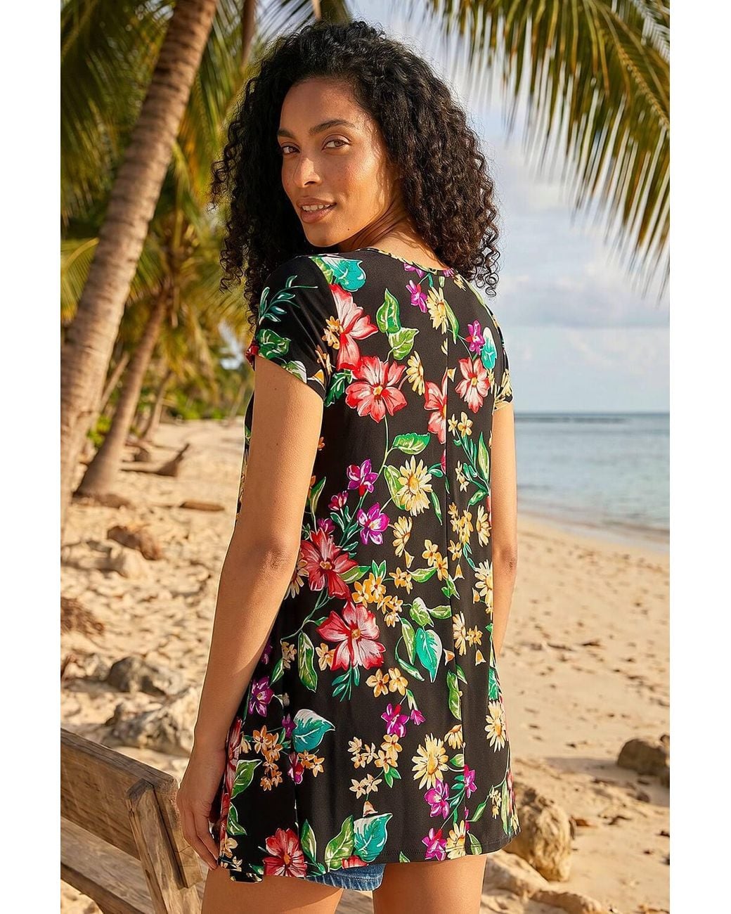 Roman Black Floral Print Hanky Hem Tunic Top