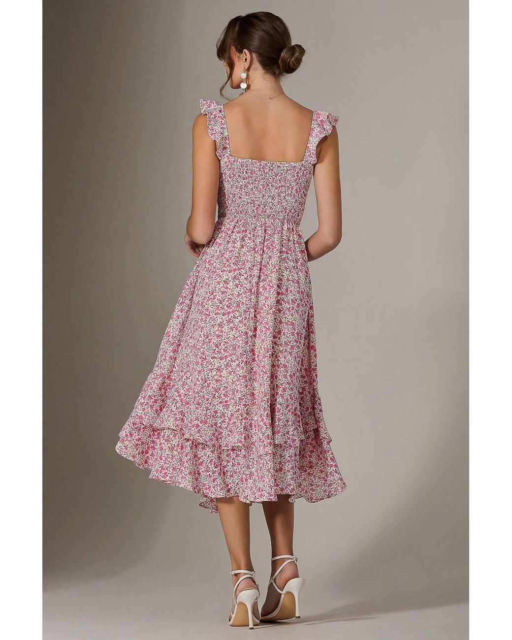 Jolie Moi Pink Ruffle Shirred Woven Midi Dress