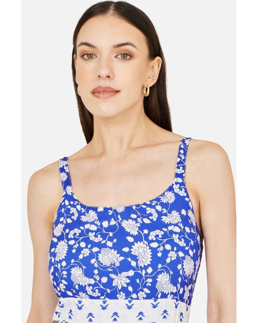 Yumi' Blue Rayon Patchwork Print Tiered Maxi Dress