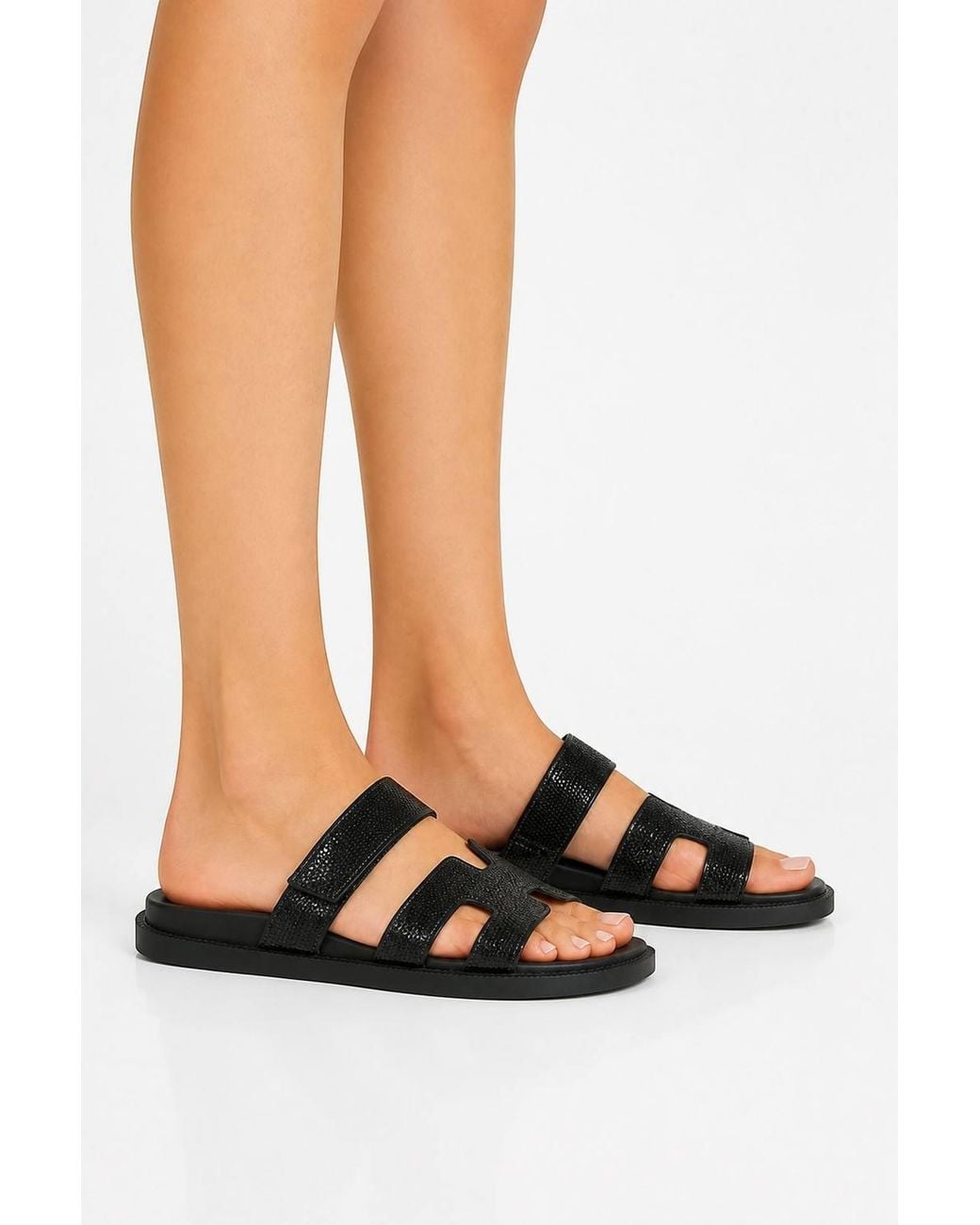 Miss Diva Natural Calla H Shape Velcro Strap Diamante Flat Sliders
