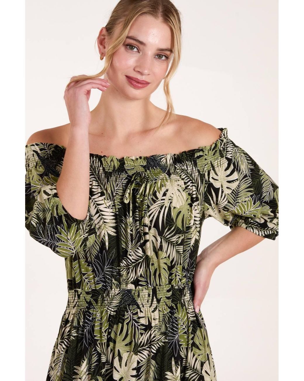 Blue Vanilla Green Bardot Elasticated Maxi Dress