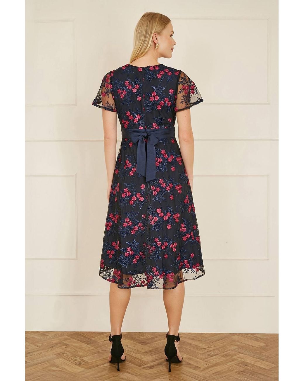 Yumi' Blue Embroidered Floral Mesh Wrap Midi Skater Dress