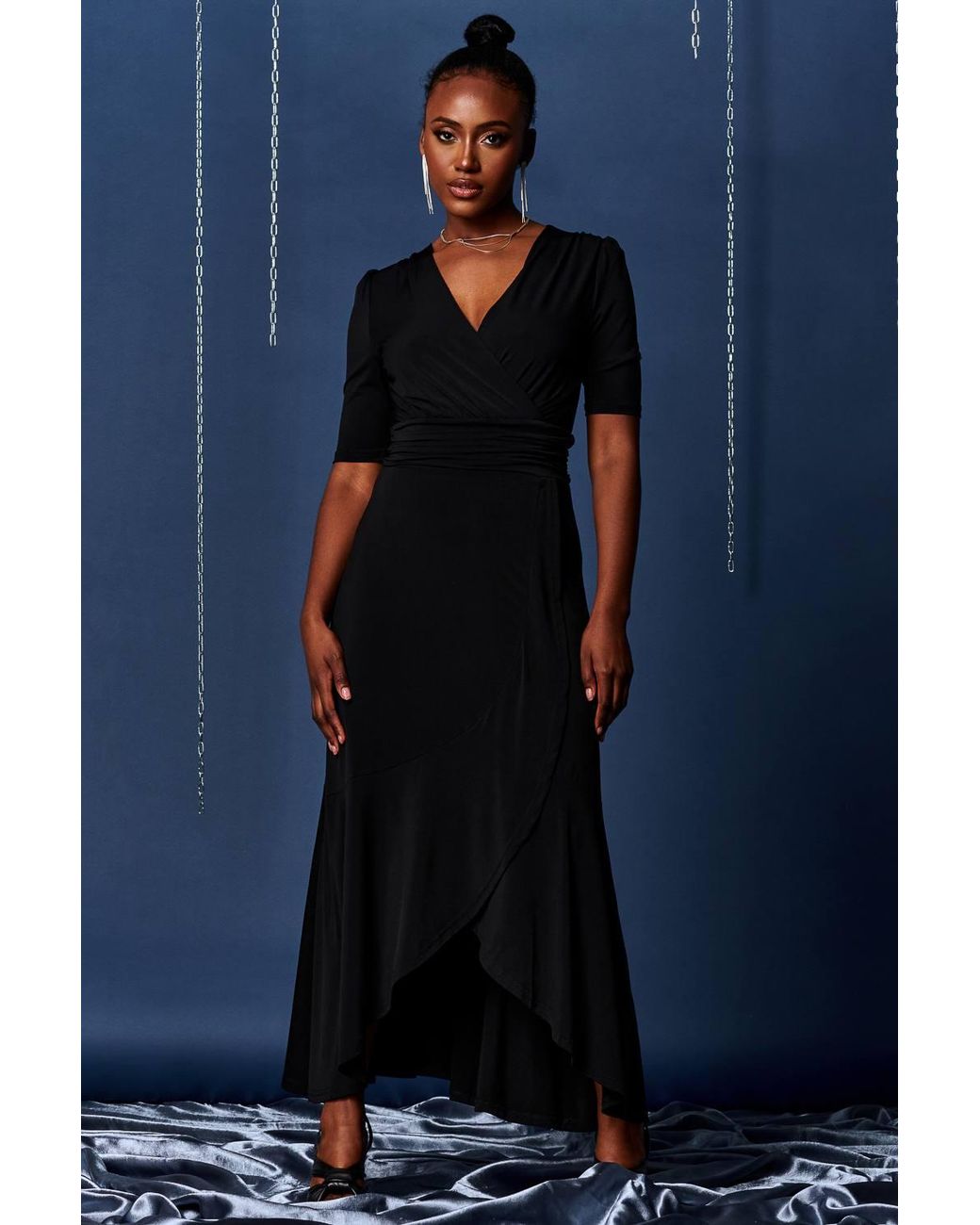 Jolie Moi Blue Wrap Front Frill Hem Maxi Dress