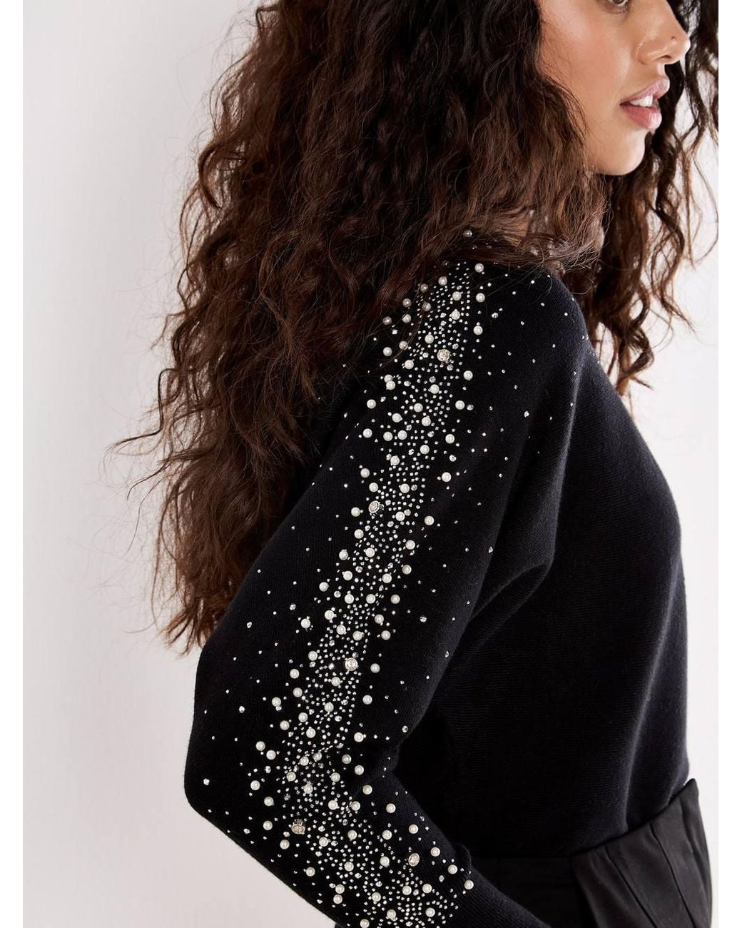 Apricot Black Faux Pearl Gem Embellished Jumper