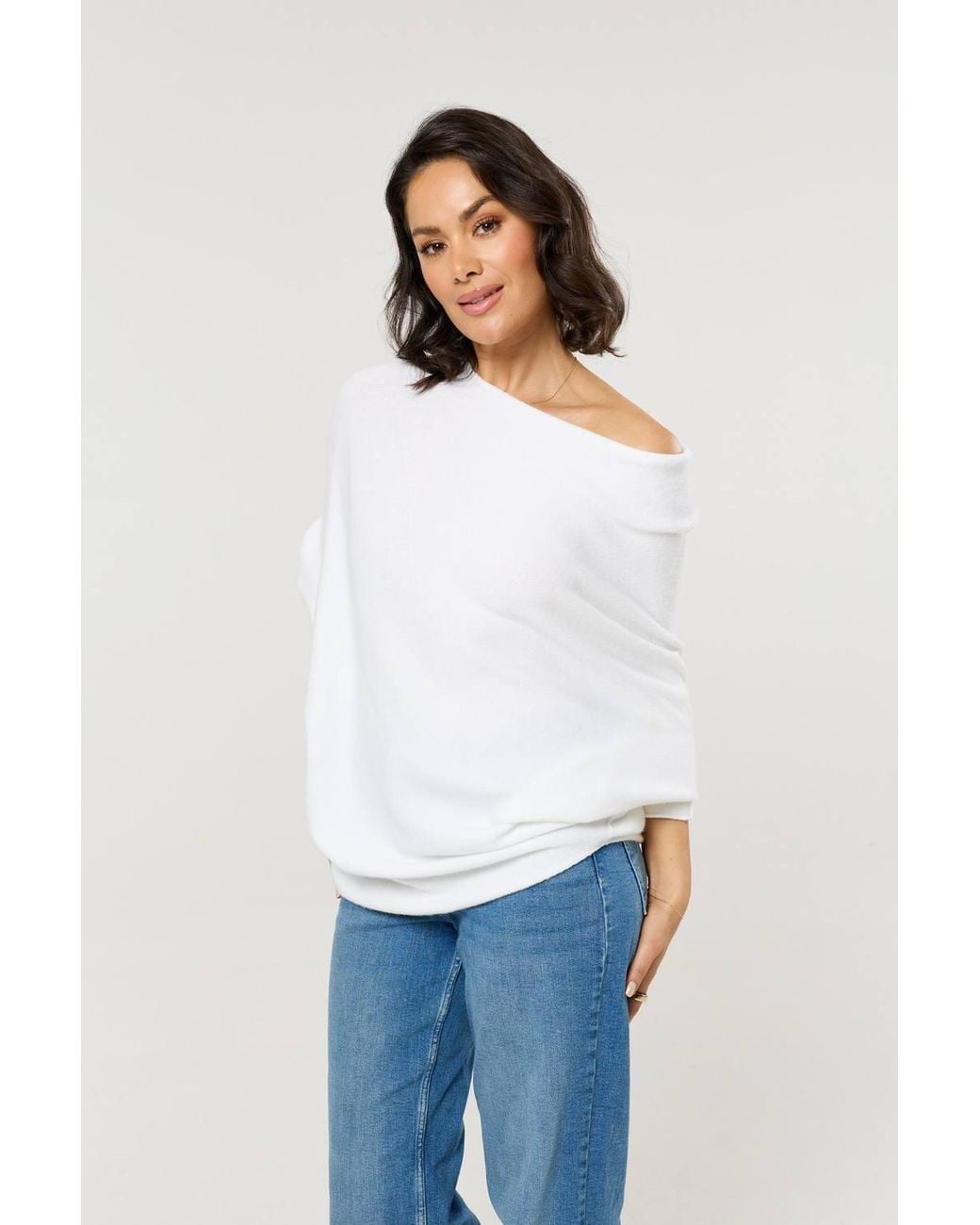 Liquorish White Off-Shoulder Batwing Knit Jumper