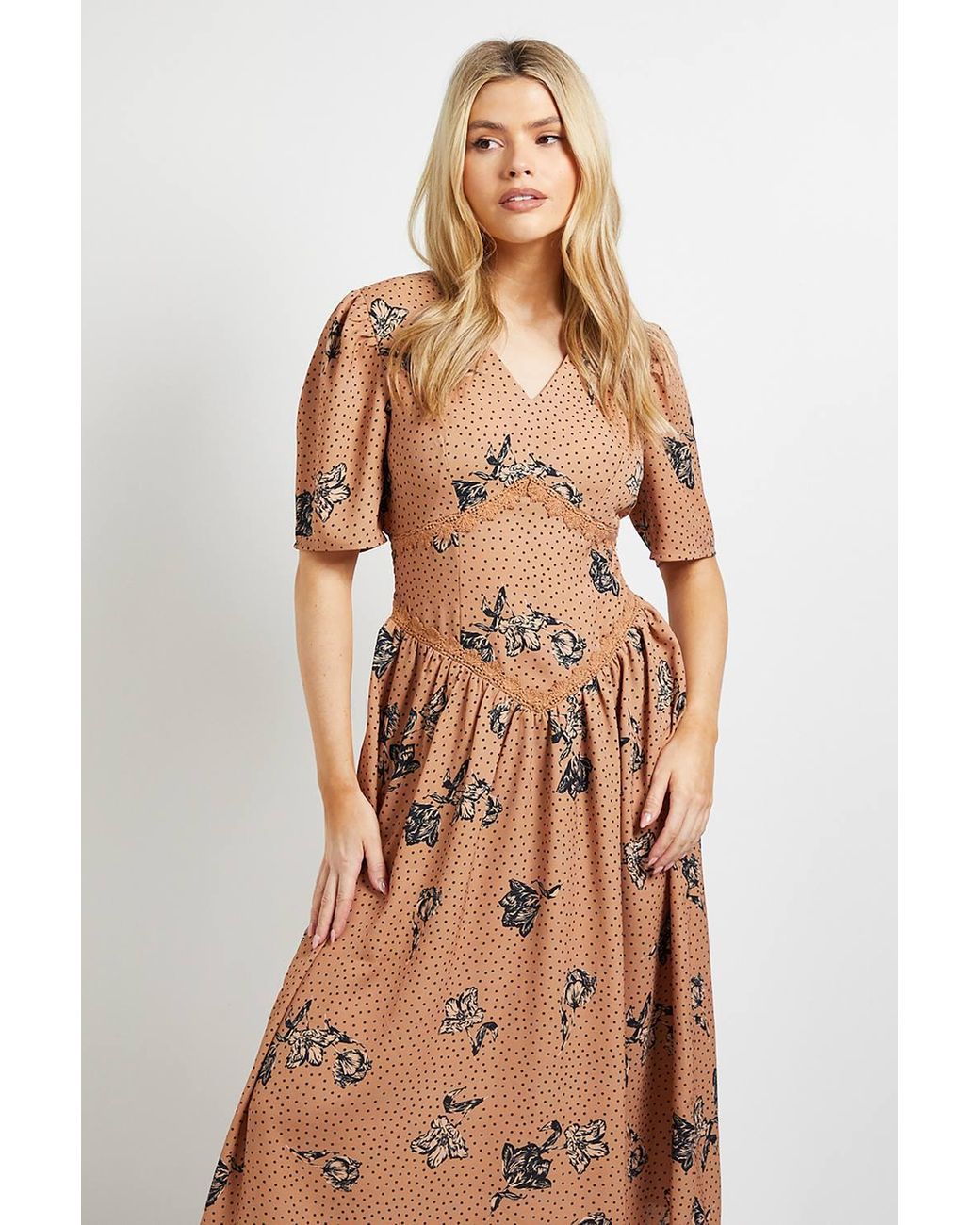 Dorothy Perkins Natural Floral Lace Detail Dropped Waist V Neck Printed Midi Dress