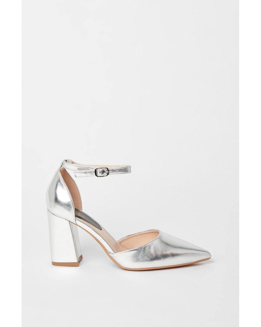 Dorothy Perkins Blue Blanche Ankle Strap Pointed High Block Heel Court Shoes