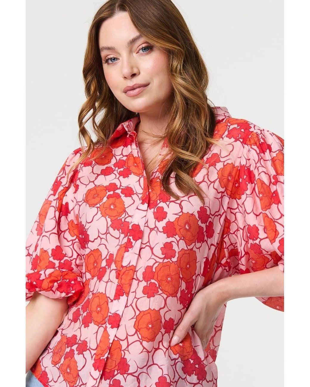 Izabel London Red Leaf Print 1/2 Puff Sleeve Blouse