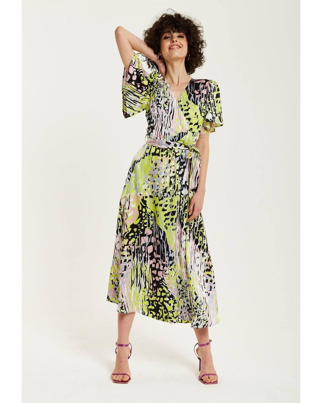 Liquorish White Multicolour Abstract Print Midi Wrap Dress