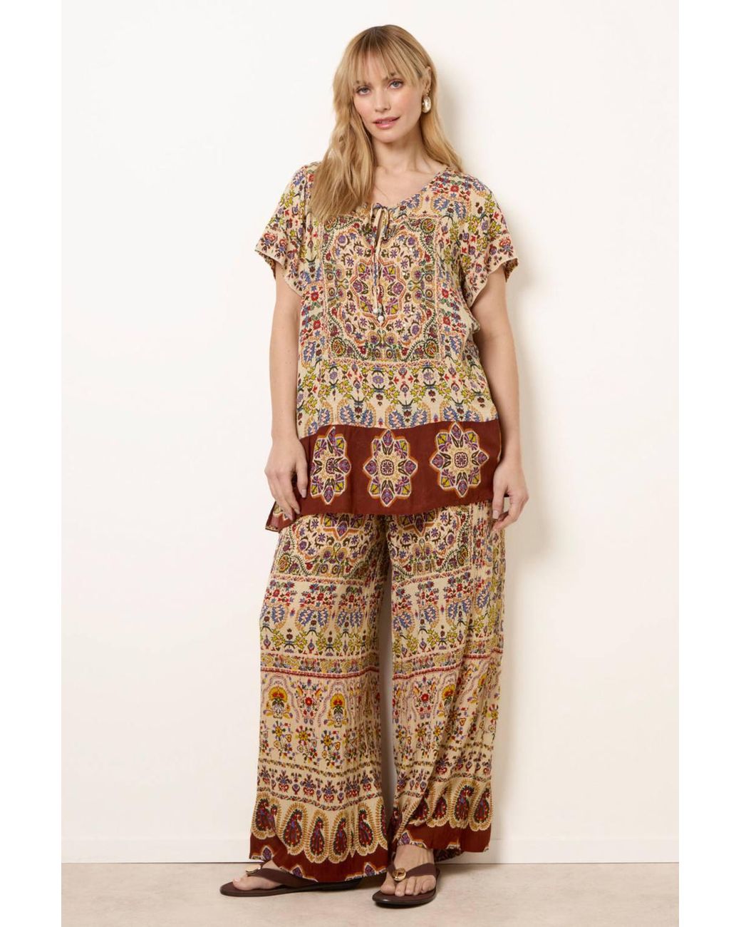 Blue Vanilla Brown Multi Short Sleeve Round Neck Top