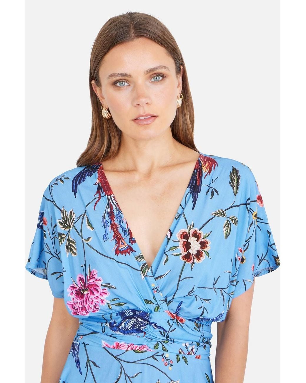 Yumi' Blue Viscose Bird & Floral Print Midi Dress W/ Ruched Waist