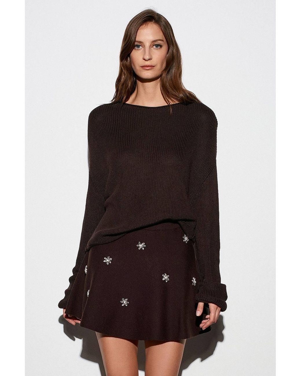Dilvin Brown Ribbed Boat Neck Knit Sweater