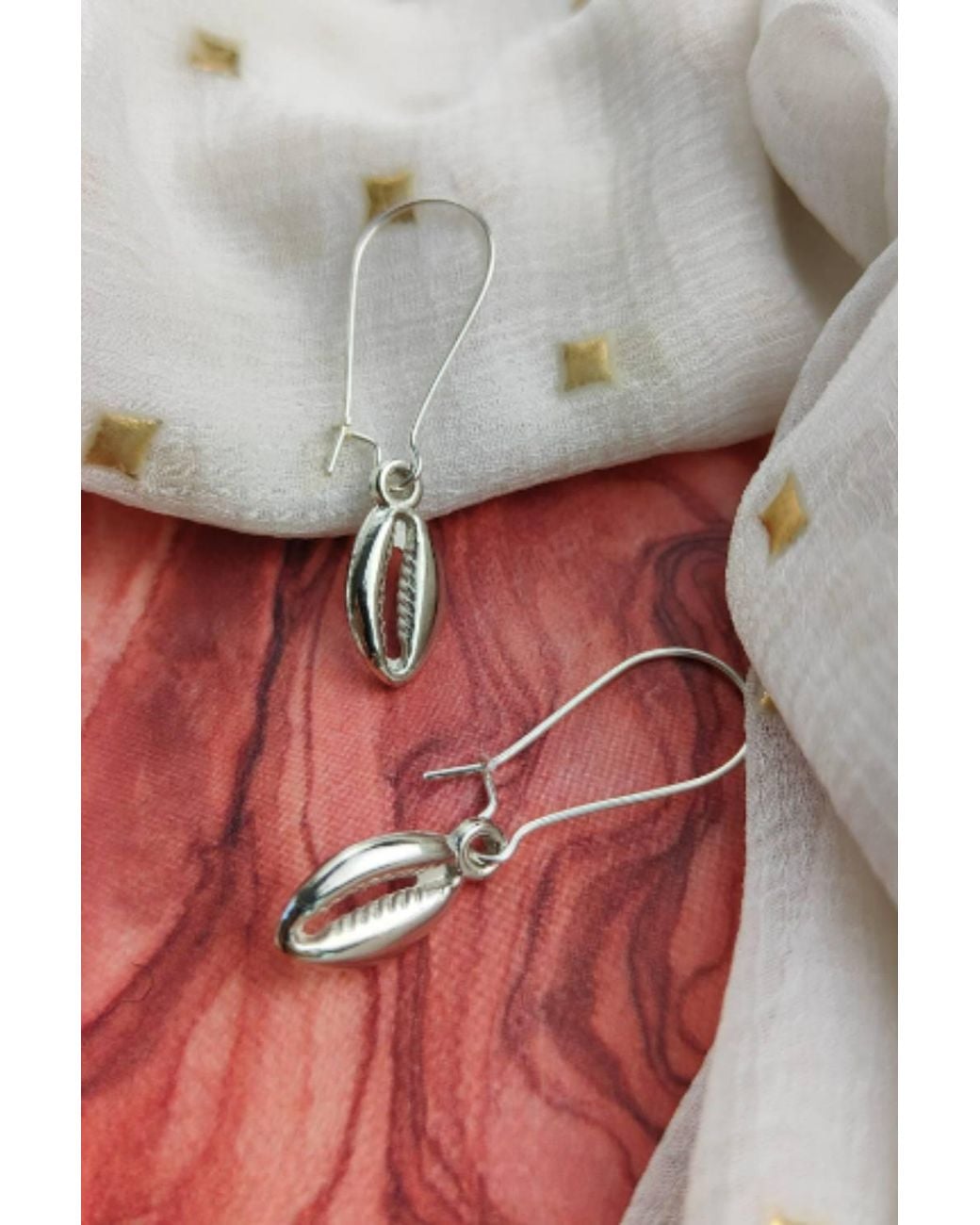 The Colourful Aura Gray Long Cowrie Sea Shell Charm Dangle Earrings