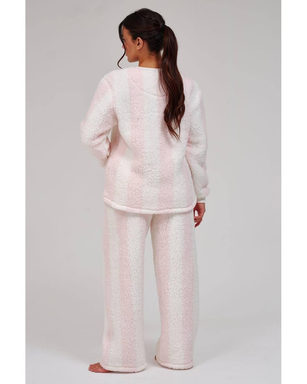 Loungeable Pink Stripe Cosy Borg Fleece Jumper & Wide Leg Lounge Set