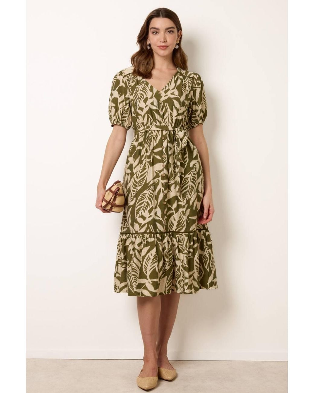 Blue Vanilla Green Elasticated Waist Short Sleeve V-Neck Midi Dress