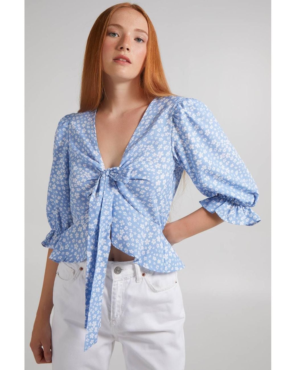 Pink Vanilla Blue Ditsy Print Tie Front Crop Top