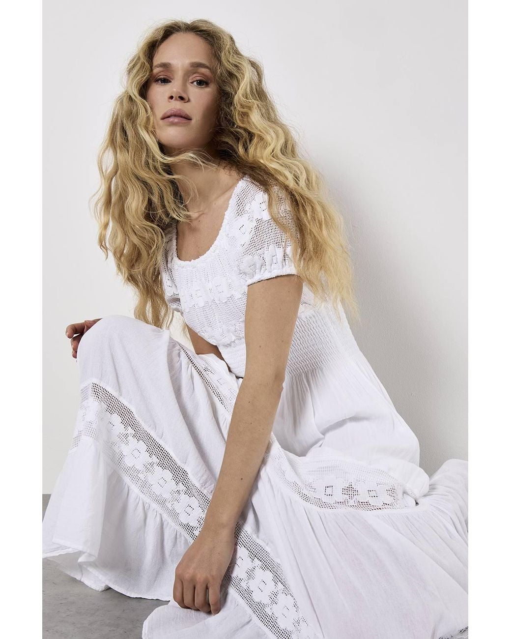 Apricot White Floral Lace Cotton Milkmaid Maxi Dress