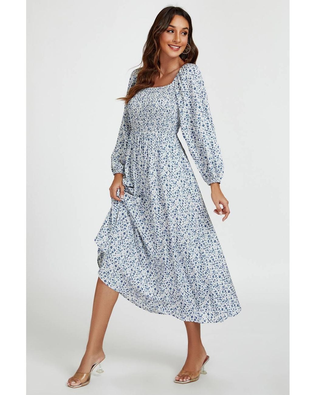 FS Collection Blue Print Square Neck Midi Dress W/ Long Sleeves