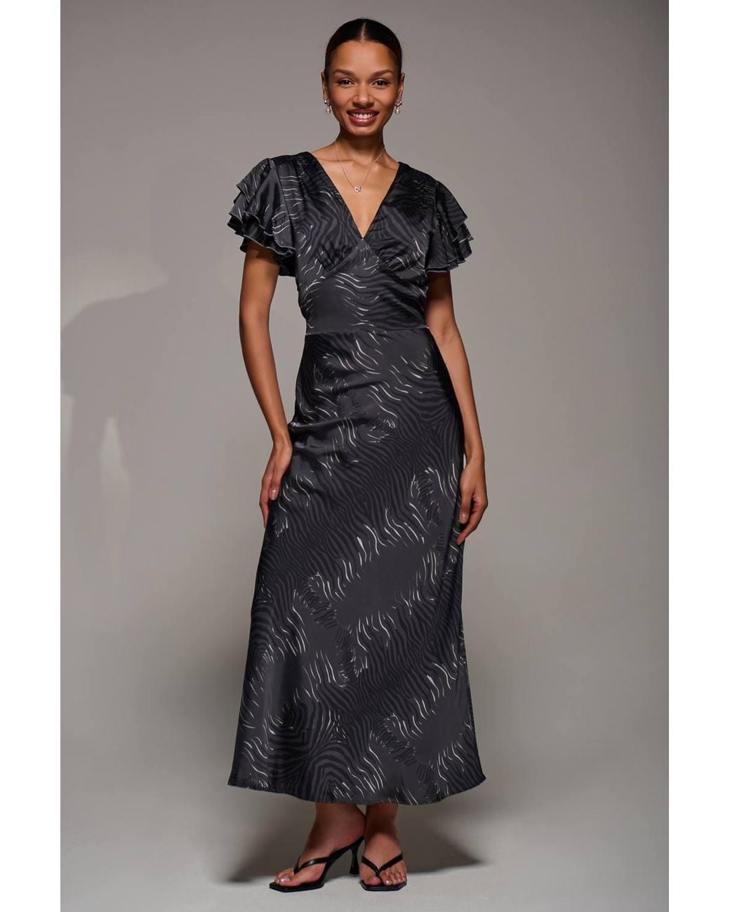 Jolie Moi Blue Ruffle Sleeve Print Satin Maxi Dress