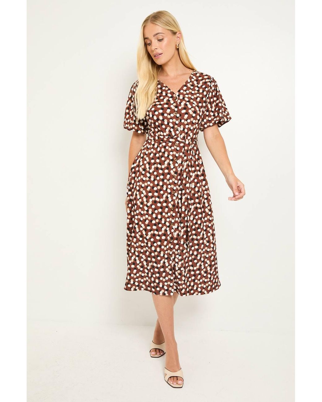 Wallis Brown Spot Petite Jersey Button Midi Dress