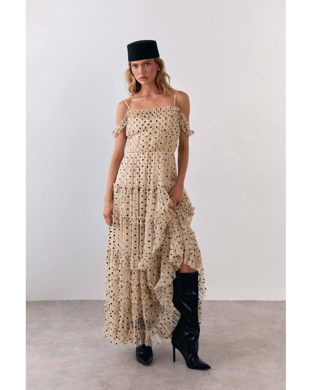 Warehouse Natural Bardot Gathered Seam Detail Tulle Maxi Dress