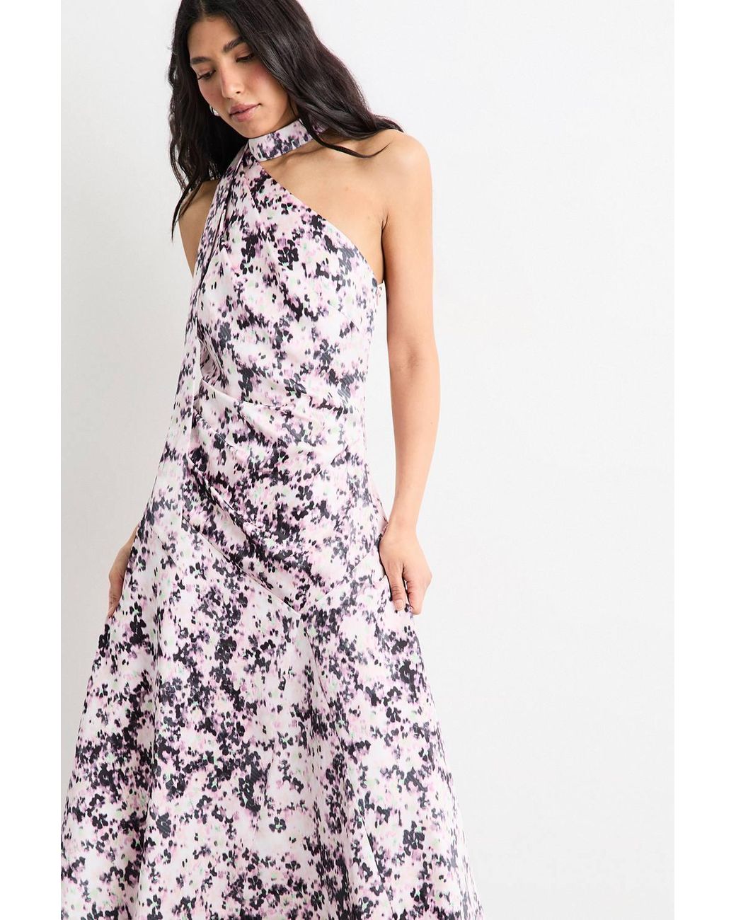 Warehouse Multicolor Printed Scarf Tie Asymmetric Satin Maxi Dress