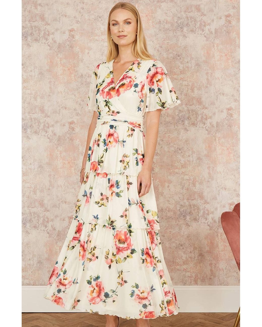 Yumi' Natural Floral Mesh Tiered Maxi Dress