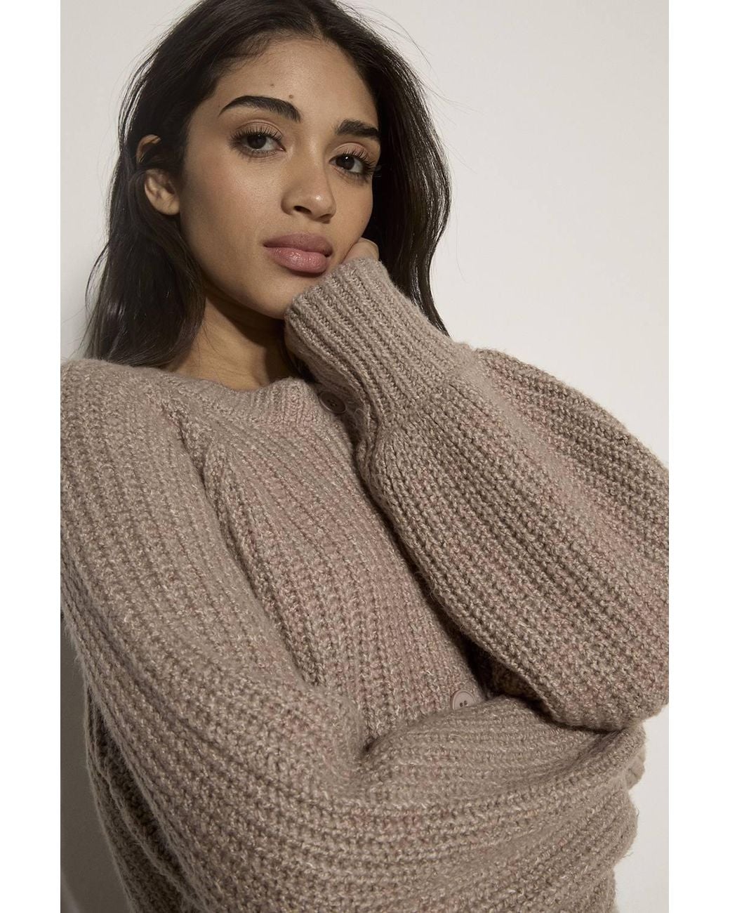 Apricot Brown Cotton Blend Chunky Ribbed Knit Cardigan
