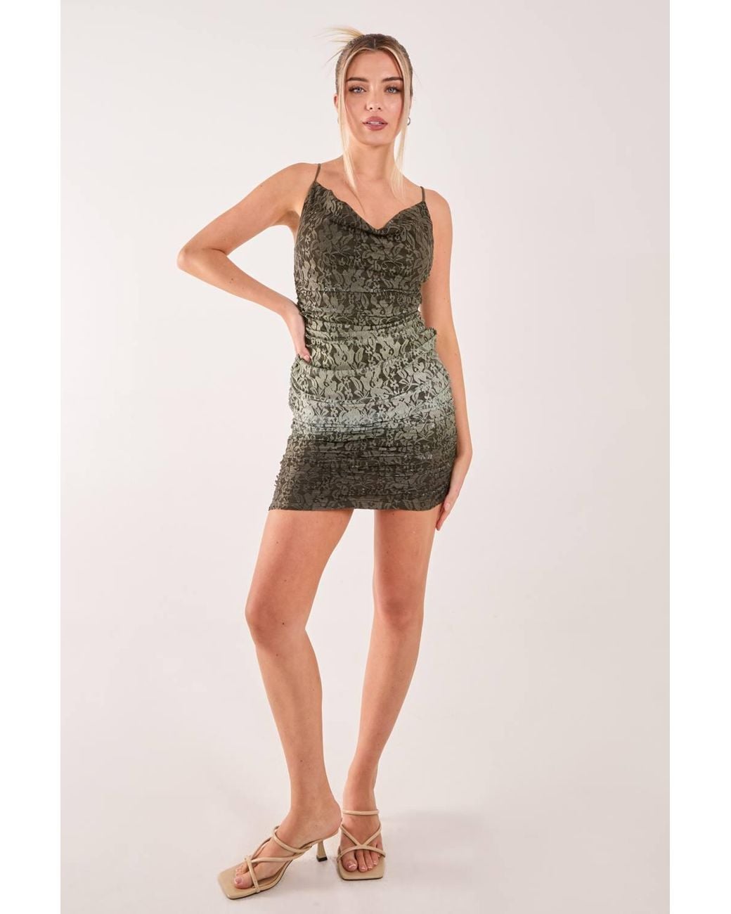 Pink Vanilla Green Lace Cowl Ombre Mini Dress