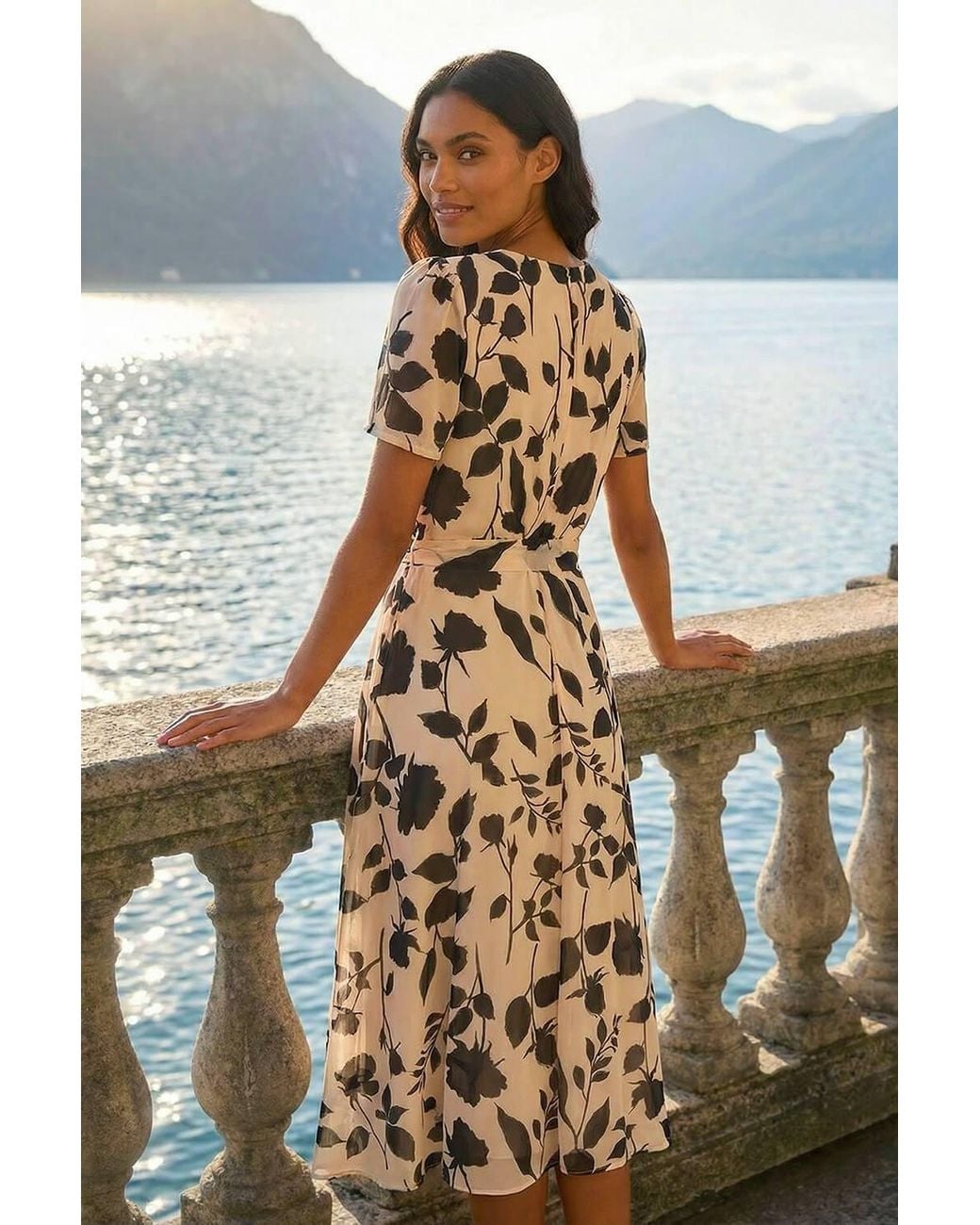 Roman Natural Floral Print Pleat Neck Midi Dress
